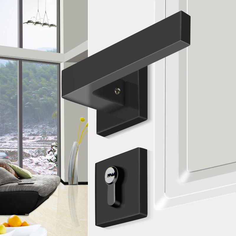 门锁黑色室内卧室简约现代静音实木房门锁美式锁具板手锁三件套装