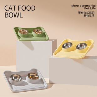 防打翻不锈钢猫碗狗盆宠物食盆护颈水粮饭碗喝水一体猫咪幼猫双碗