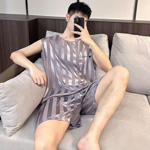可外穿 袖 男士 睡衣夏季 休闲宽松纯色条纹凉感冰丝背心家居服套装