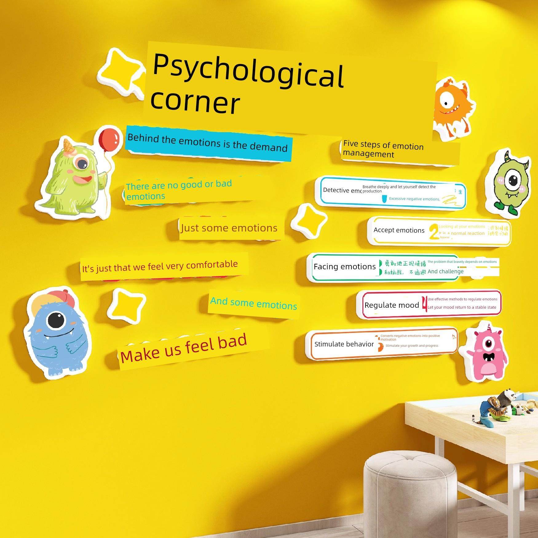 心理咨询室转角布置精神驿站辅导室情绪稳定管理文化墙饰面挂图