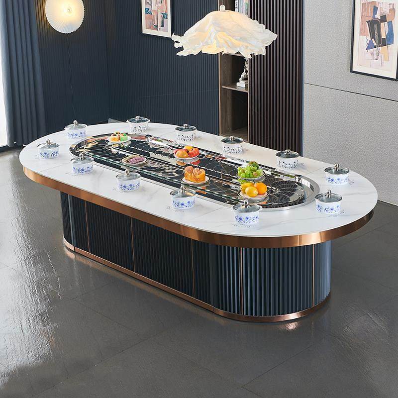 椭圆形电动岩板餐桌家用包厢别墅自动旋转桌长方形电磁炉火锅桌,住宅家具,岩板餐桌,淘宝优惠券,粉丝福利购,淘宝优惠卷