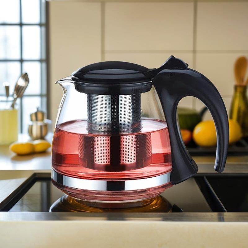 伙妹耐热玻璃茶壶大容量不锈钢滤网黑色咖啡花茶壶1200ML泡茶水壶