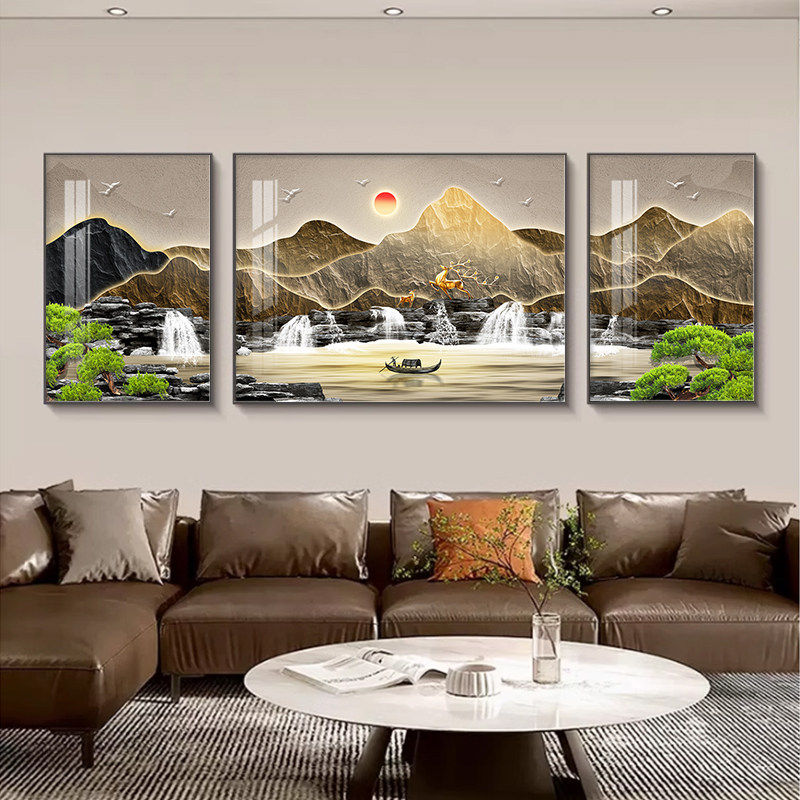 轻奢山水画客厅装饰画新中式沙发背景墙挂画大气高级感三联画挂画