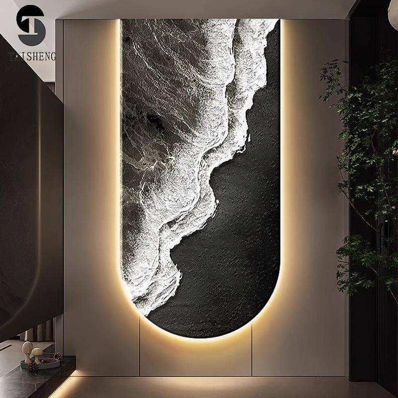 抽象海浪玄关装饰画走廊过道客厅拱形挂画黑白灰入户带灯发光壁画