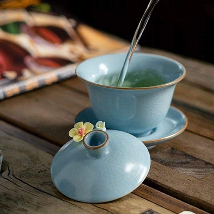 汝窑提梁茶壶手工锔钉泡茶壶李辉熠复古汝瓷中式陶瓷盖碗西施壶