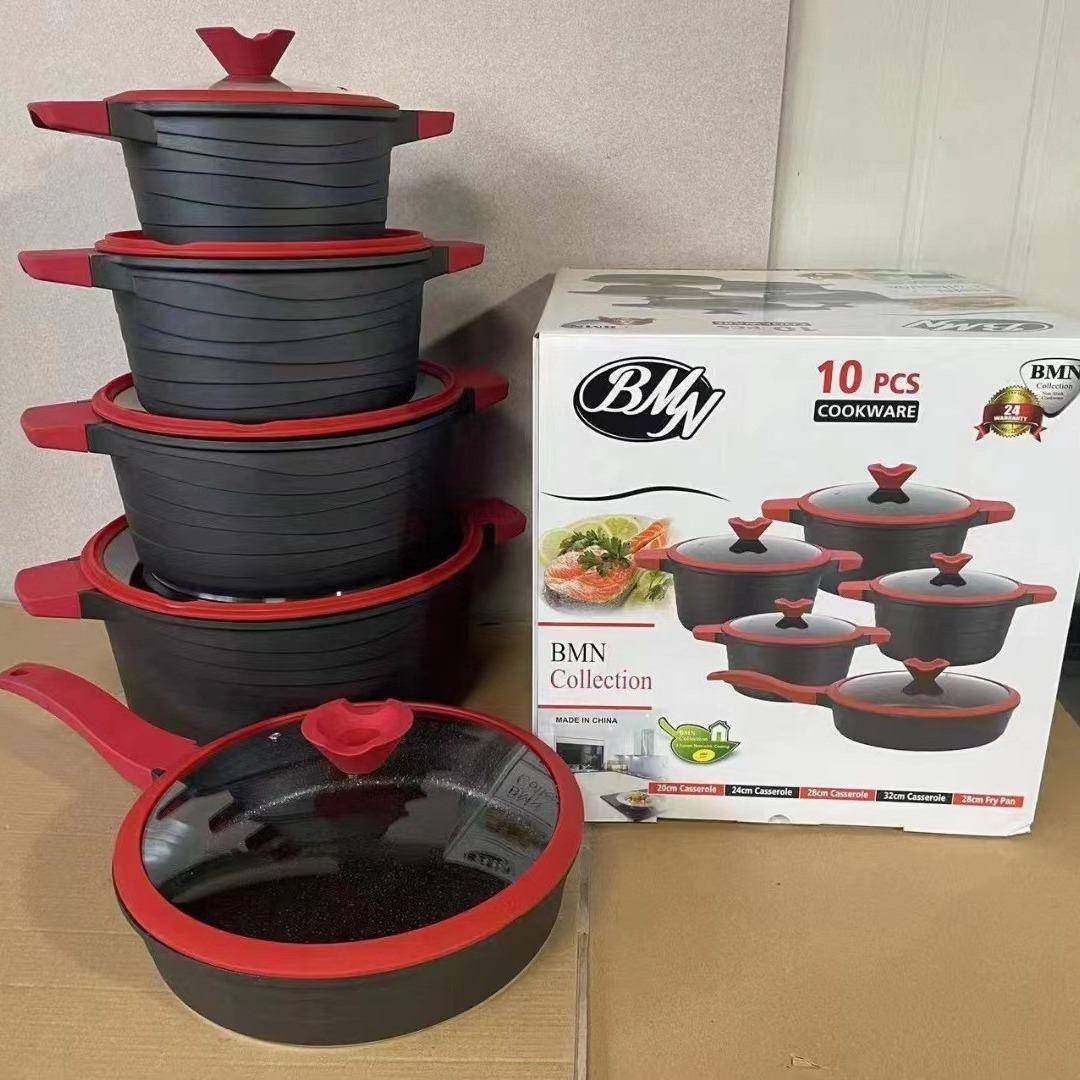 BMN外贸10件套款锅具套装麦饭石不粘锅铝制套装组合汤锅套件