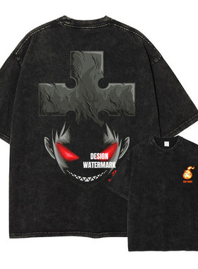 炎炎消防队t恤水洗做旧印花美式复古 森罗日下部短袖夏季宽松