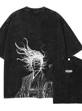 动漫浪客行t恤水洗做旧印花美式复古 宫本武藏短袖夏季宽松男