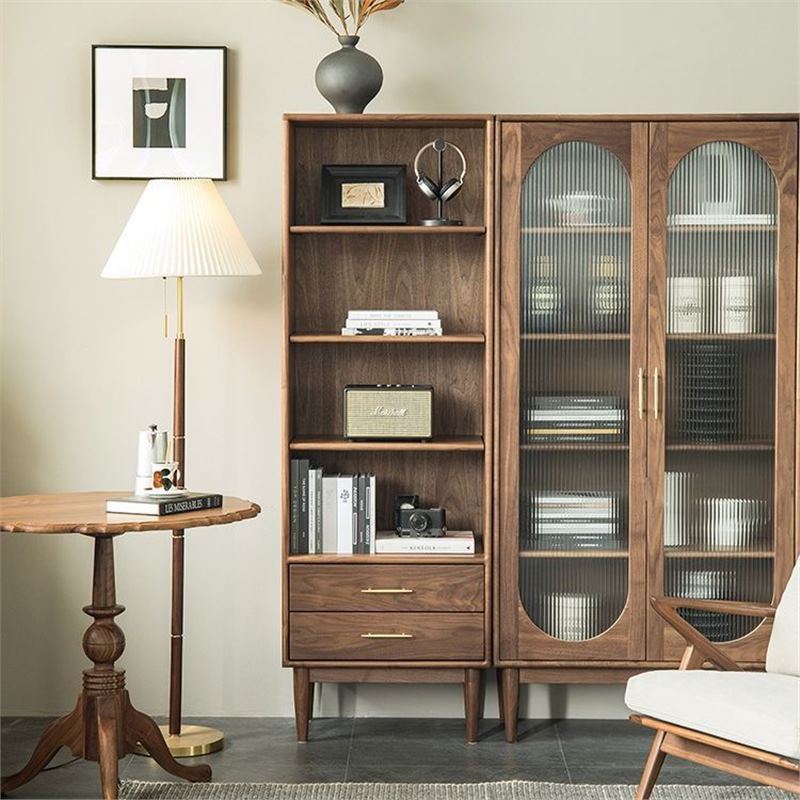 北欧黑胡桃木书柜储物柜全实木书架现代简约客厅玻璃门展示柜边柜