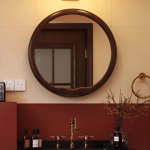 卫生间挂壁式镜子中古风圆形创意智能浴室镜复古洗手台除雾化妆镜