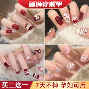 醒狮穿戴甲过年美甲红色系2026新年款高级感显白短中长款指甲贴片