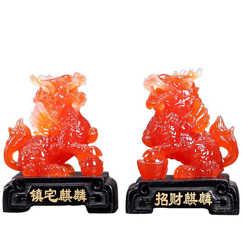 厂家直销中式古典麒麟摆件红木公桌商务开业礼品树脂工艺品
