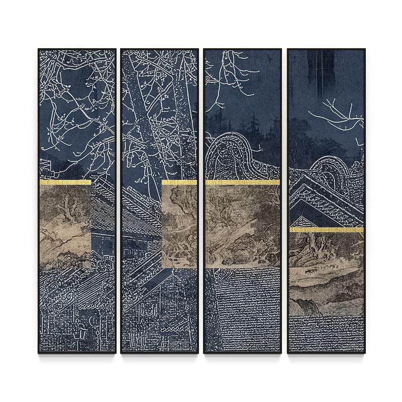 新中式四联画山水花卉客厅竖条屏组合挂画茶室酒店大堂样板间挂画