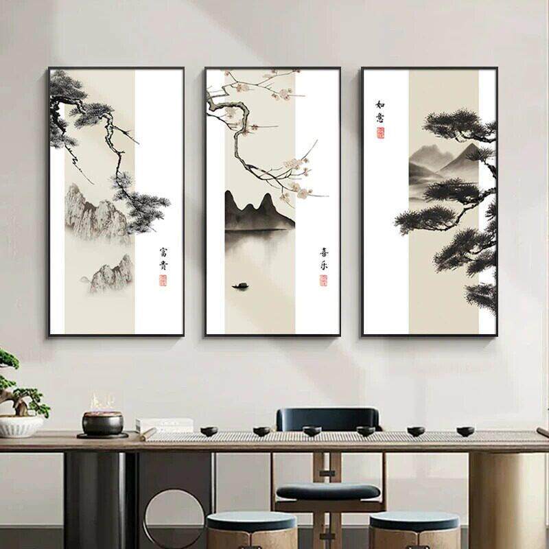 新中式花鸟玄关装饰画中国风水墨山水画走廊过道墙面装饰壁画挂画