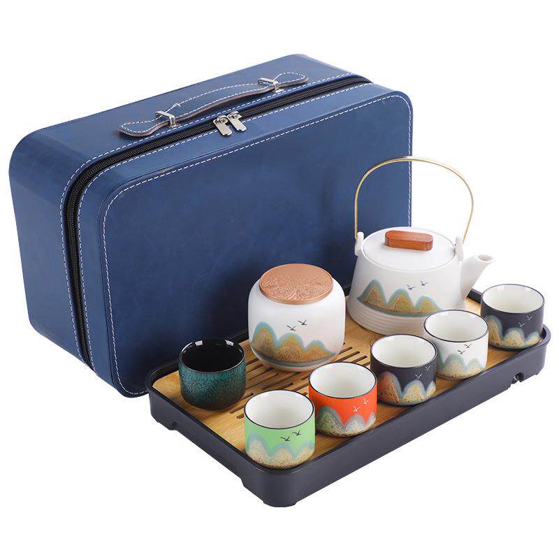 国潮远山旅行功夫茶具家用简约泡茶壶陶瓷茶杯户外茶盘便携包套装