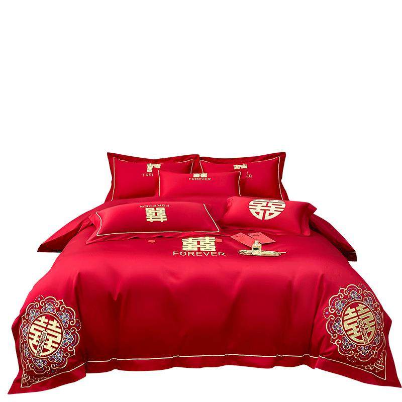厂家婚庆刺绣四件套大红喜庆亲肤棉床品套件陪嫁婚房床上用品