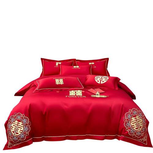 厂家婚庆刺绣四件套大红喜庆亲肤棉床品套件陪嫁婚房床上用品