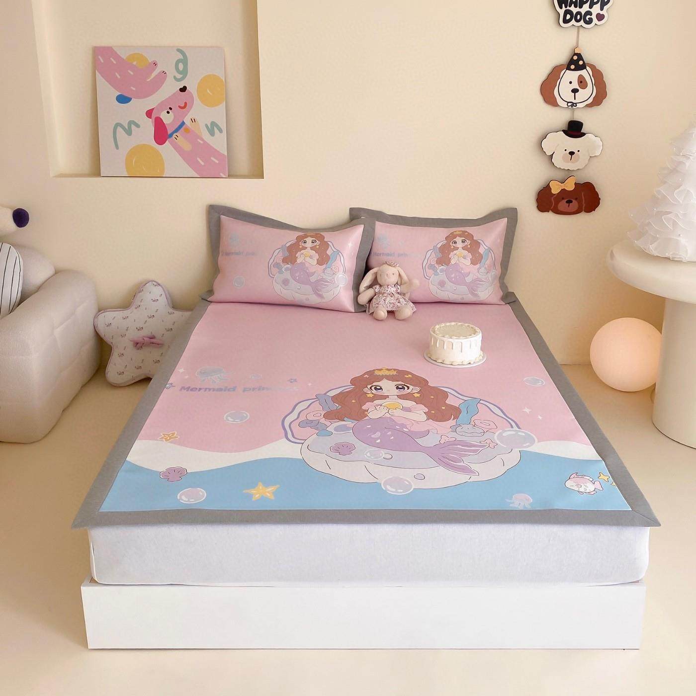 儿童卡通冰丝凉席三件套可机洗折叠防滑凉感空调软席学生印花高档