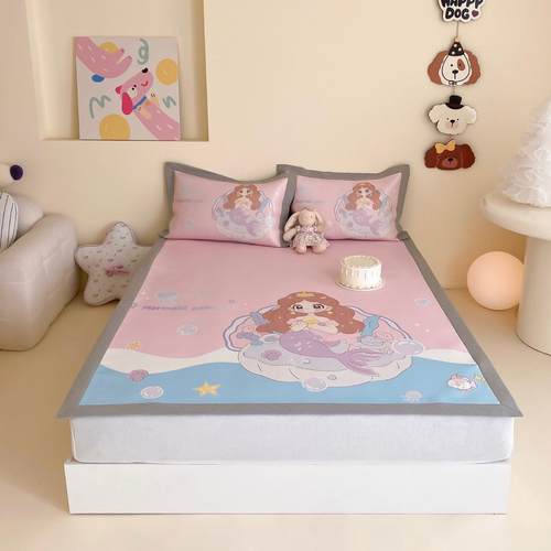 儿童卡通冰丝凉席三件套可机洗折叠防滑凉感空调软席学生印花高档