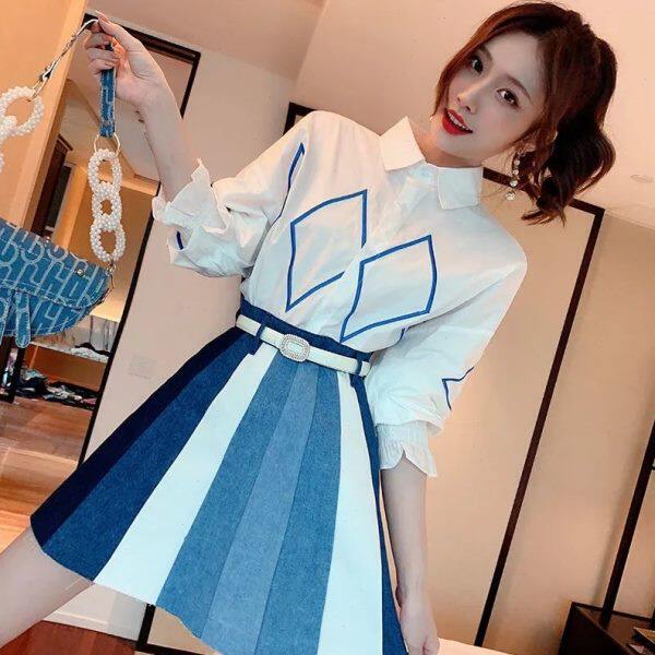 单/套女神范连衣裙2024夏御姐高腰牛仔短款清纯绣花衬衫两件套装