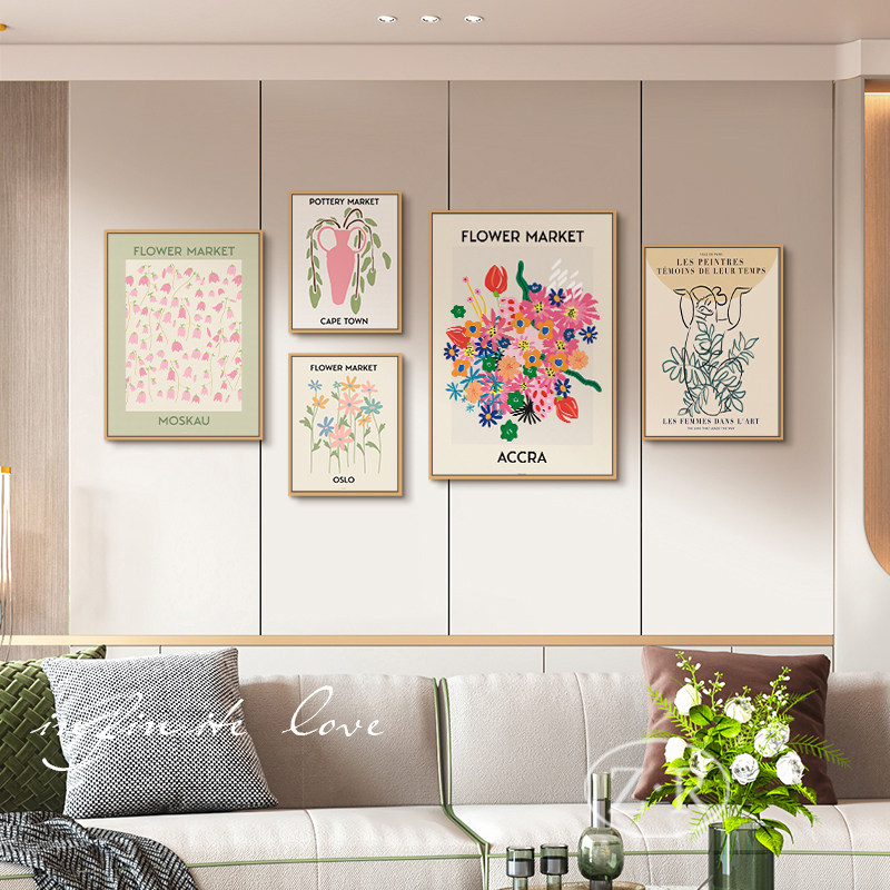 速发 发油风客厅装饰画组合花卉沙背奶景墙挂画小清新艺术壁画
