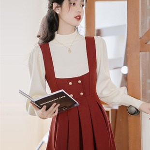 红色连衣衣秋冬回背带裙套 法式 速发订婚裙服平时可穿新娘季 门便装