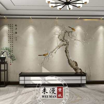 速发新床式梅花树枝花鸟壁纸客厅电视中景墙壁纸卧室背头装饰壁画
