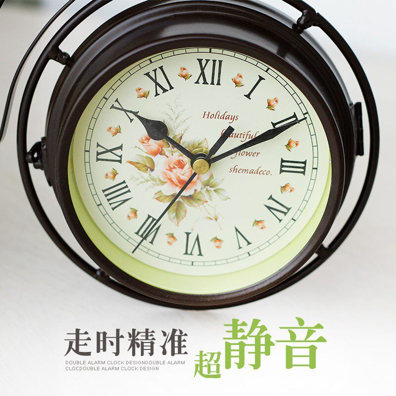 现货速发创意家用静音钟表摆件个性坐钟双面小表座钟客厅台中铁艺