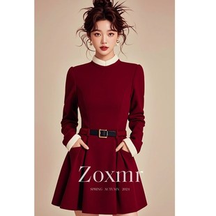 速发圣秋跨年里气穿搭富家千金感级高红色连衣裙子诞冬