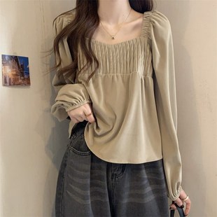 速发大长装上肚子方领设计感镂空T恤宽松码袖打底衫遮衣