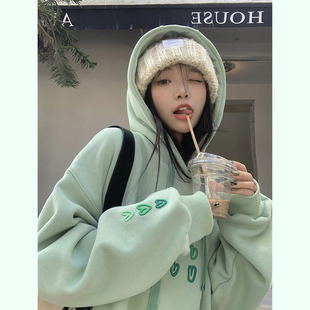 速发薄荷绿连帽卫衣0222春秋新宽大码款松韩版薄款长袖上衣外套
