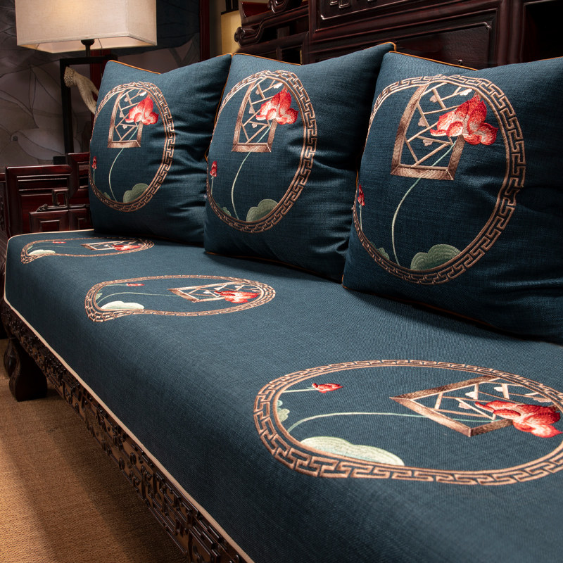 速发新子式沙发巾罗汉床垫防老式红木家具盖布中滑棉麻坐垫可拆洗