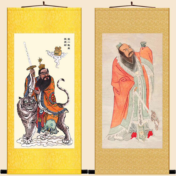 速发张天师 张道陵画像画水绢布卷轴神挂画 道场 陆画丝绸画