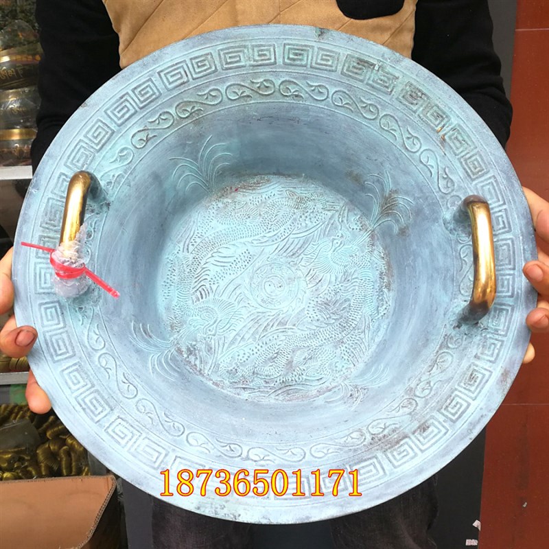 速发纯铜龙禧盆聚宝盆铜龙洗盆双耳搓中水喷盆盆溅水花黄铜器水式
