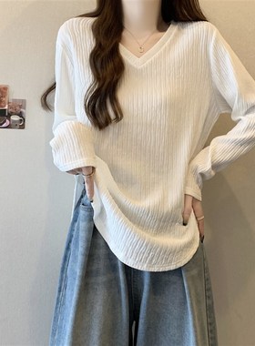 速发白色长袖t恤遮024新款初秋领码2肚子小众设计感v大上衣