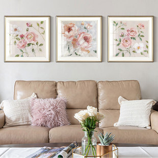 饰画粉色绽放花朵现代主卧室画床头挂画 美式 客厅沙发背景墙三联装