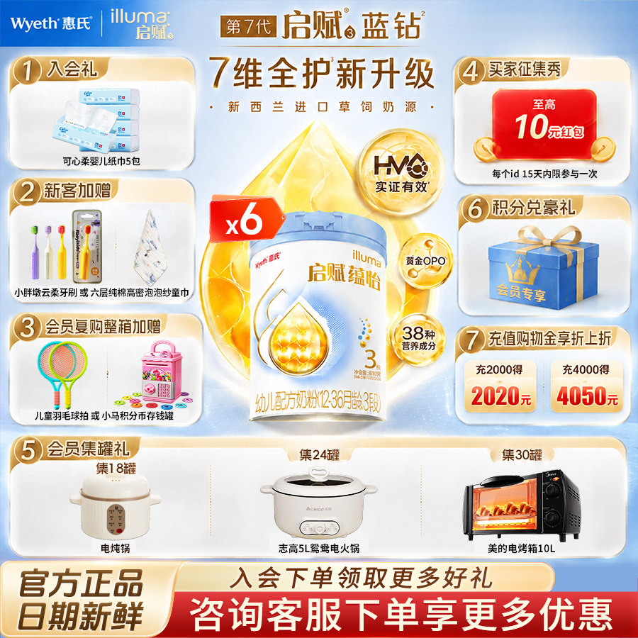 消费券丨蓝钻升级】惠氏启赋蕴怡3段婴幼儿牛奶粉三段810g*6罐