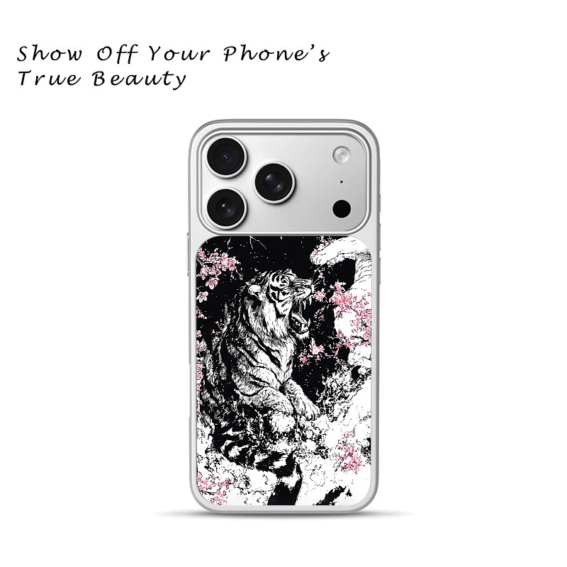 水墨樱花猛虎手机壳国潮黑白老虎插画苹果18promax新款手机壳iPhone air/17pro/15plus14玻璃13pro手机套冰感
