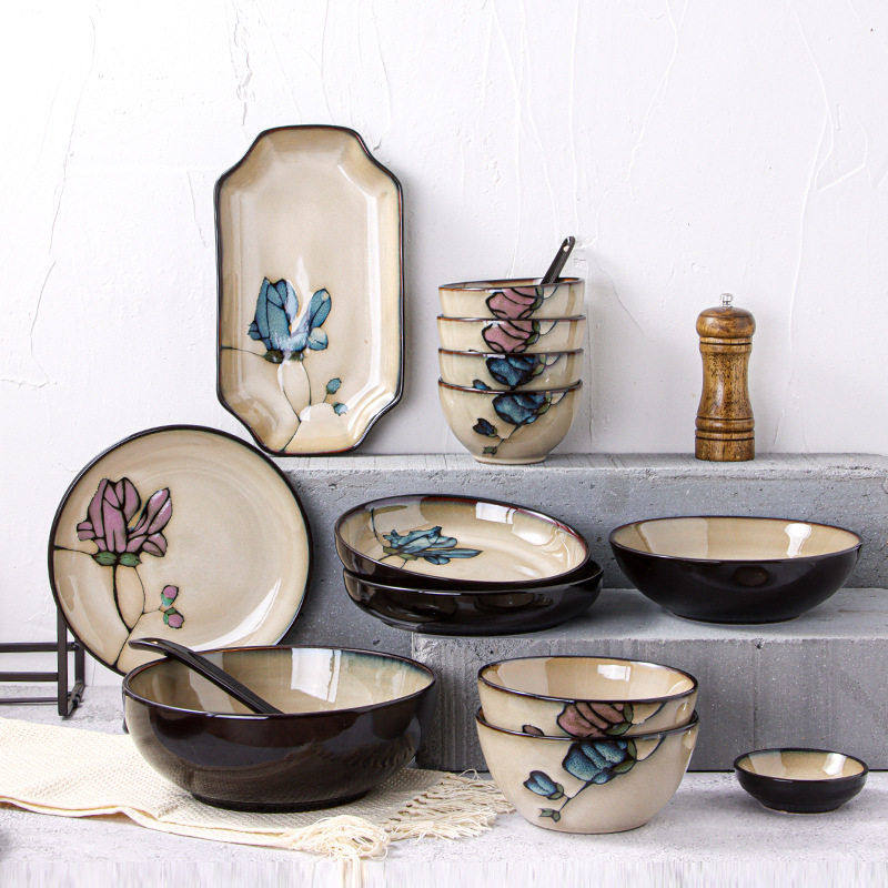 陶瓷套装花卉创意菜盘日式釉下彩餐具家用鱼盘圆形水果盘窑变饭碗,餐饮具,餐具瓷器套装,淘宝优惠券,粉丝福利购,淘宝优惠卷