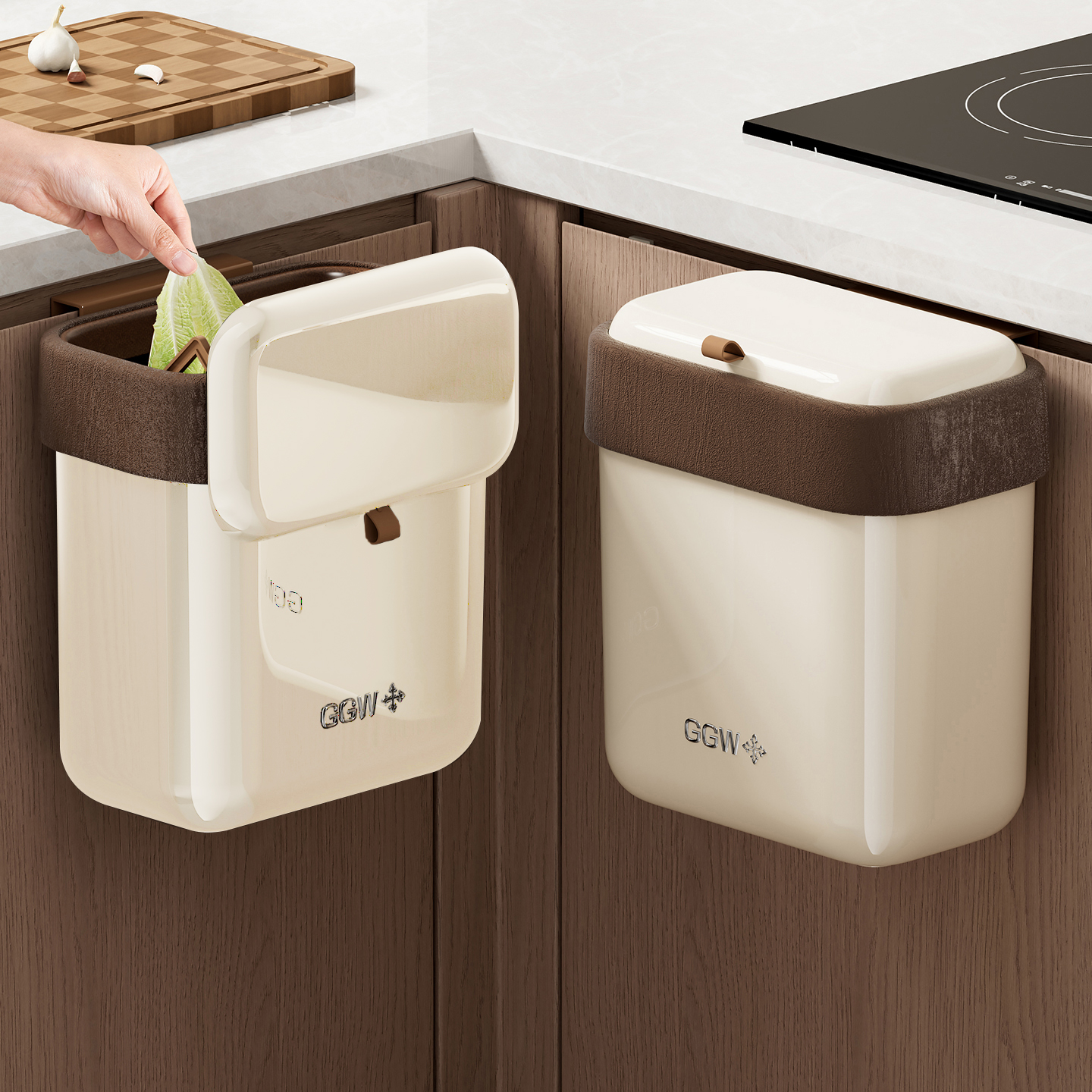 木纹厨房垃圾桶带盖大号