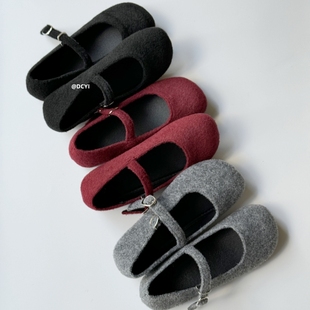 DCYI灰色秋冬保暖棉鞋女可爱黑色豆豆鞋平底安可拉红毛呢绒面单鞋