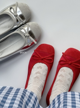 DCYI小红鞋芭蕾舞复古平底百搭圆头法式温柔小香风银色蝴蝶结单鞋