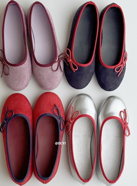 DCYI银色蝴蝶结芭蕾舞鞋女绒面软底浅口配裙子红色玛丽珍平底单鞋