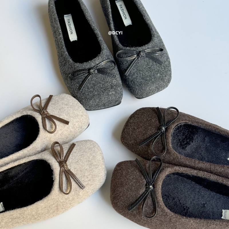毛呢鞋灰色加绒蝴蝶结毛毛鞋
