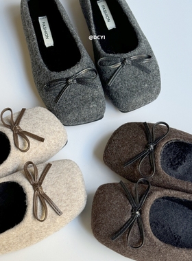 DCYI毛呢鞋灰色加绒蝴蝶结单鞋法式秋冬季保暖棉鞋女玛丽珍毛毛鞋