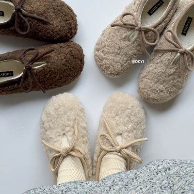 蝴蝶结系带毛毛鞋女棉鞋冬