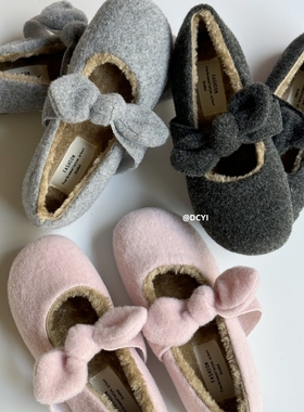 DCYI灰色蝴蝶结加绒毛毛鞋外穿秋冬保暖平底单鞋豆豆鞋玛丽珍棉鞋