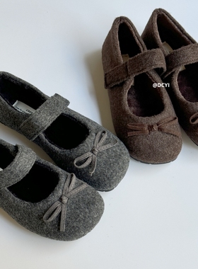 DCYI灰色加绒蝴蝶结毛毛鞋女法式平底秋冬保暖毛呢豆豆单鞋玛丽珍
