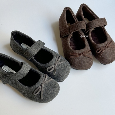 保暖毛呢豆豆单鞋灰色加绒蝴蝶结