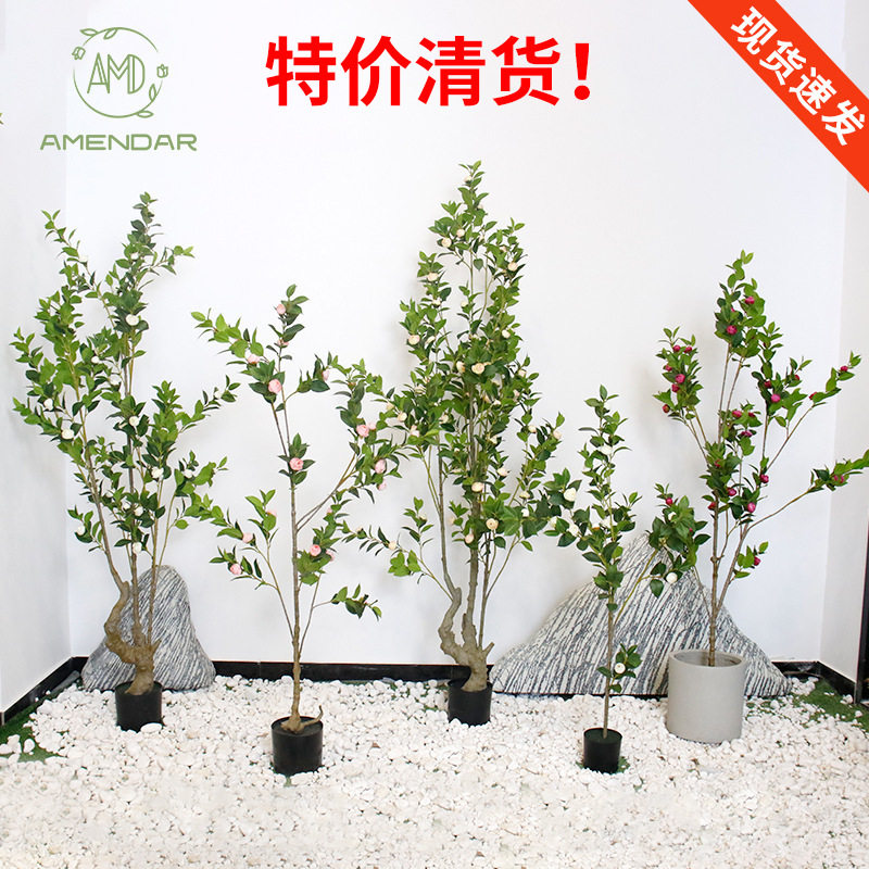 现货山茶花树仿真落地绿植假盆栽商场服装店橱窗造景仿真茶树厂家